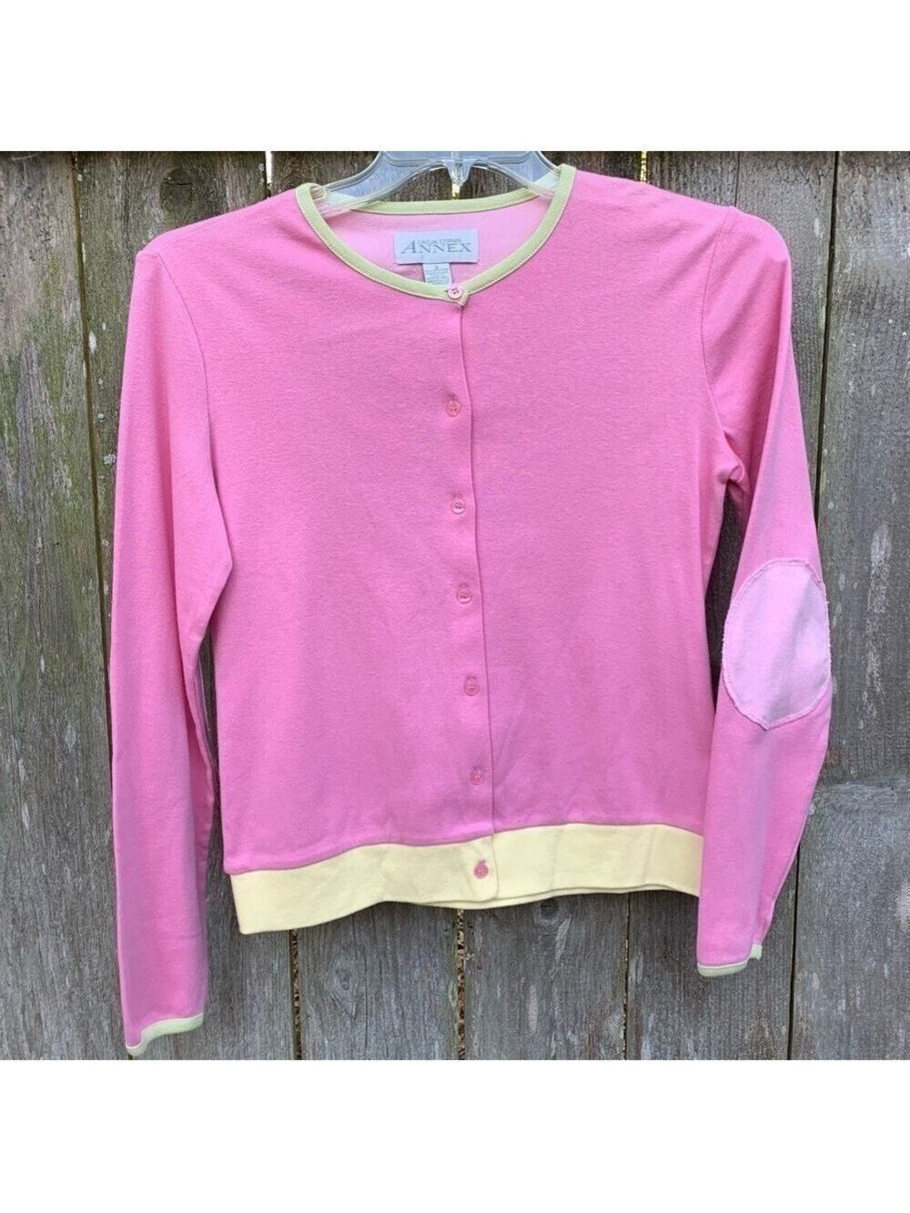 CASUAL CORNER elbow patch round neck preppy fitted cardigan sweater Barbiecore